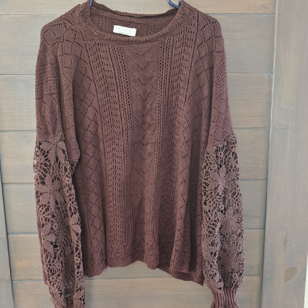 Chic Lace Sleeve Brown Sweater